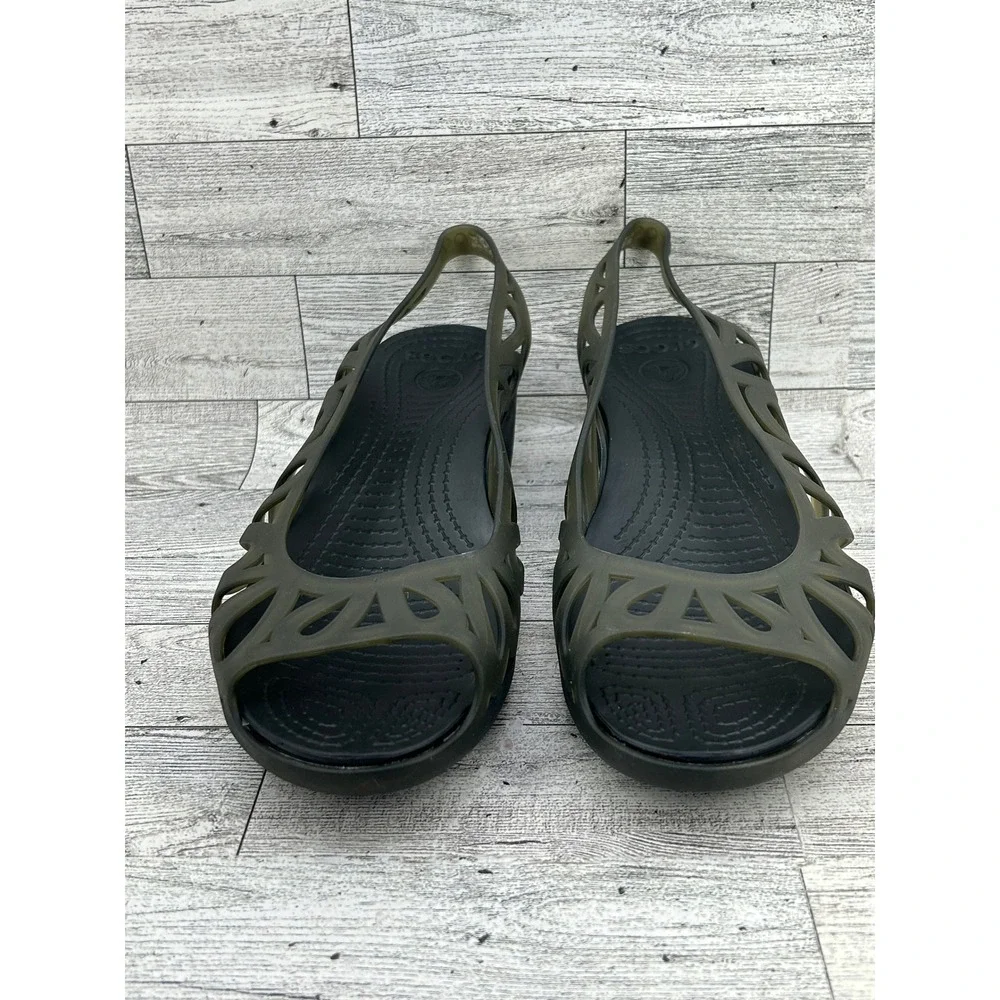 Crocs Adrina‎ III Peep Toe Wedge Sandals Army Green Black Womens 9 14937